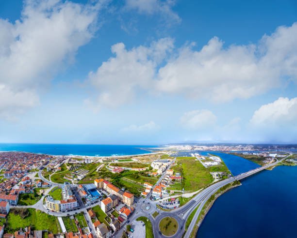 Figueira da Foz in Coimbra, aerial view with Mondego river in Portugal